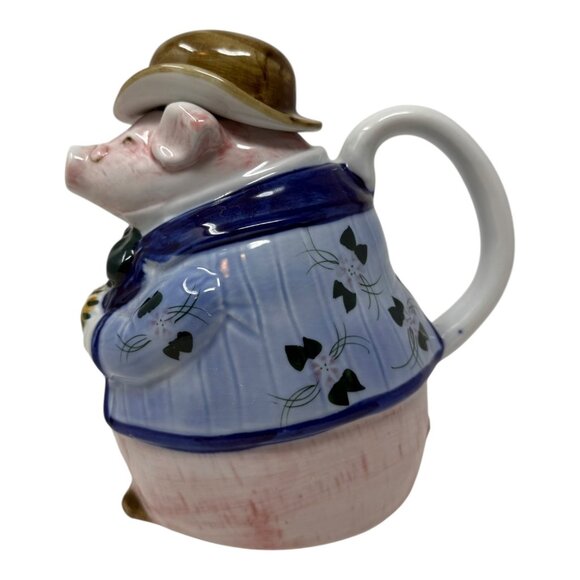 Handcrafted Gentlemen Pink Pig Teapot Blue Jacket Hat Tie Courting Kitschy Vtg - Picture 4 of 6